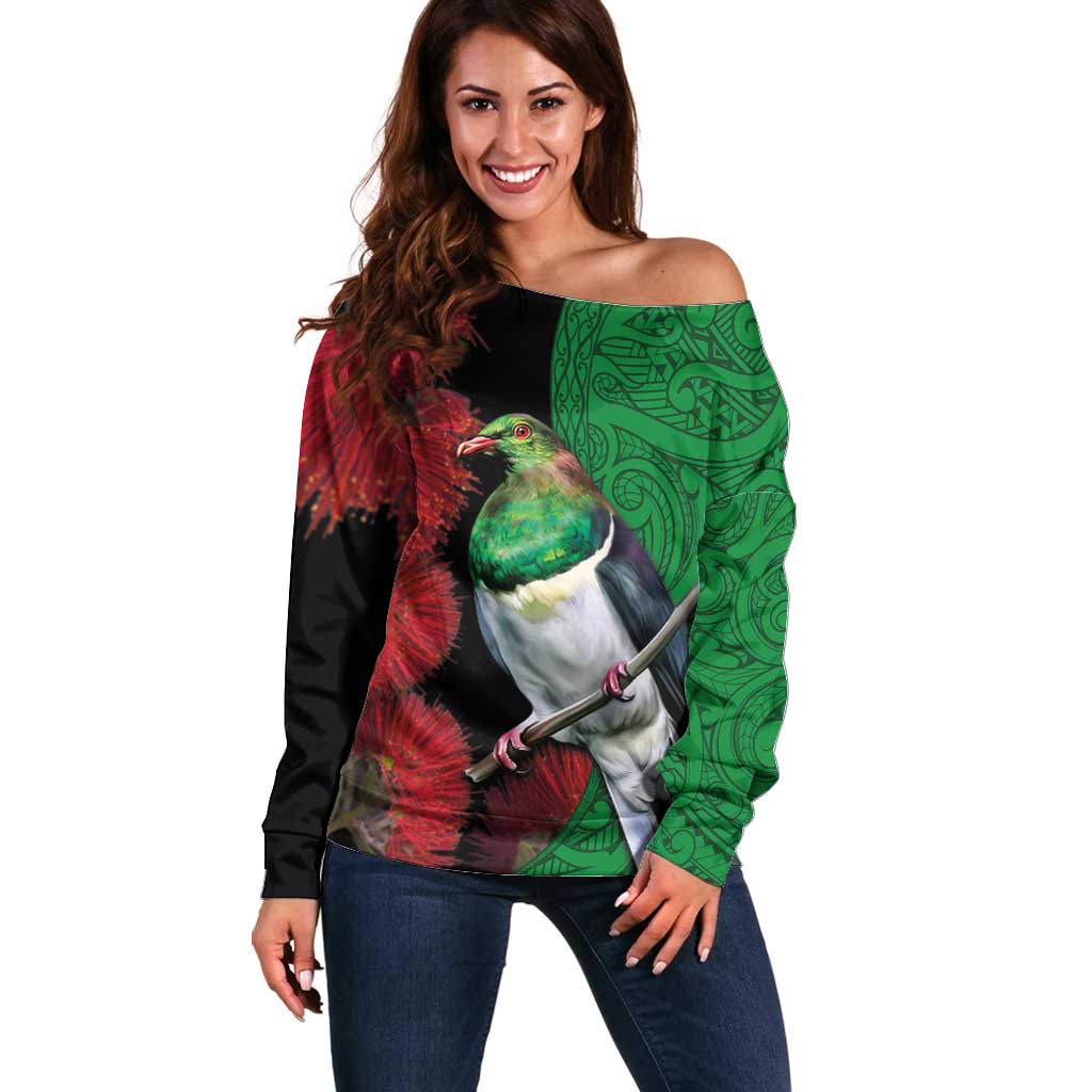 New Zealand Kereru And Pohutukawa Off Shoulder Sweater Maori Tribal Tattoo LT03 Women Black - Polynesian Pride