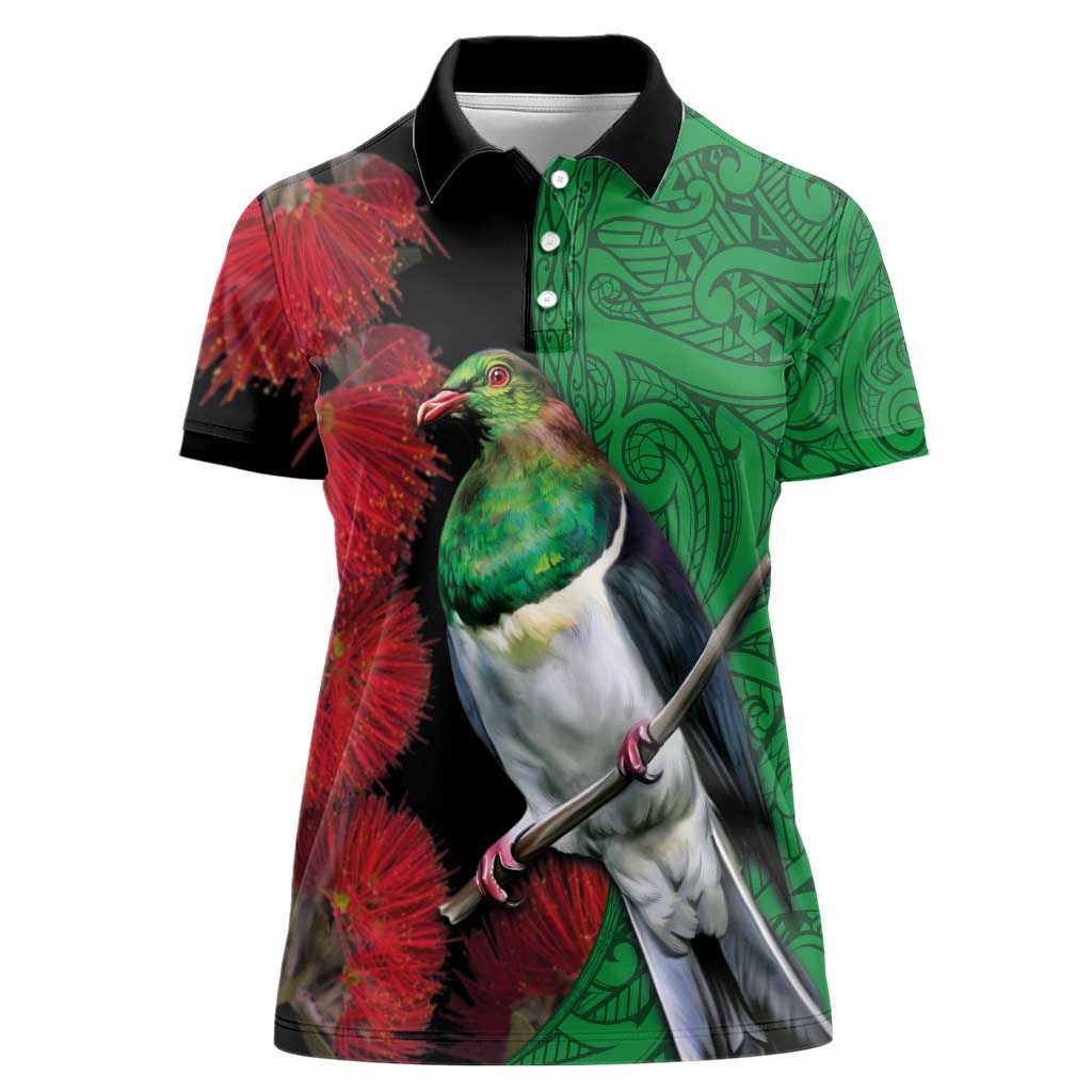 New Zealand Kereru And Pohutukawa Women Polo Shirt Maori Tribal Tattoo