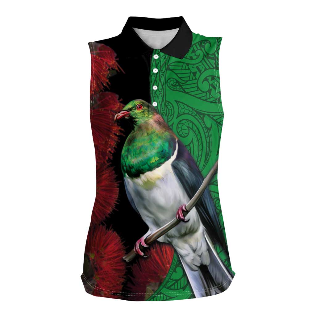 New Zealand Kereru And Pohutukawa Women Sleeveless Polo Shirt Maori Tribal Tattoo