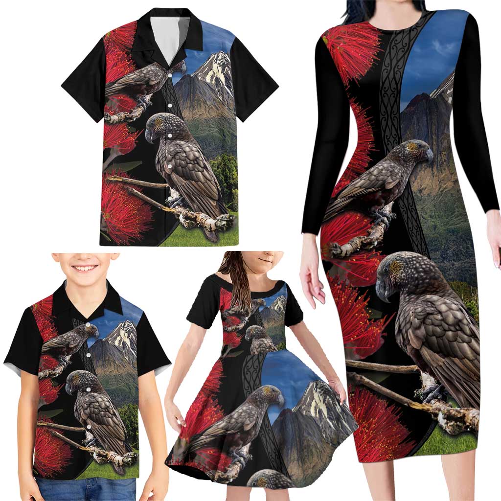 New Zealand Kea And Pohutukawa Family Matching Long Sleeve Bodycon Dress and Hawaiian Shirt With The Mountain Landscape