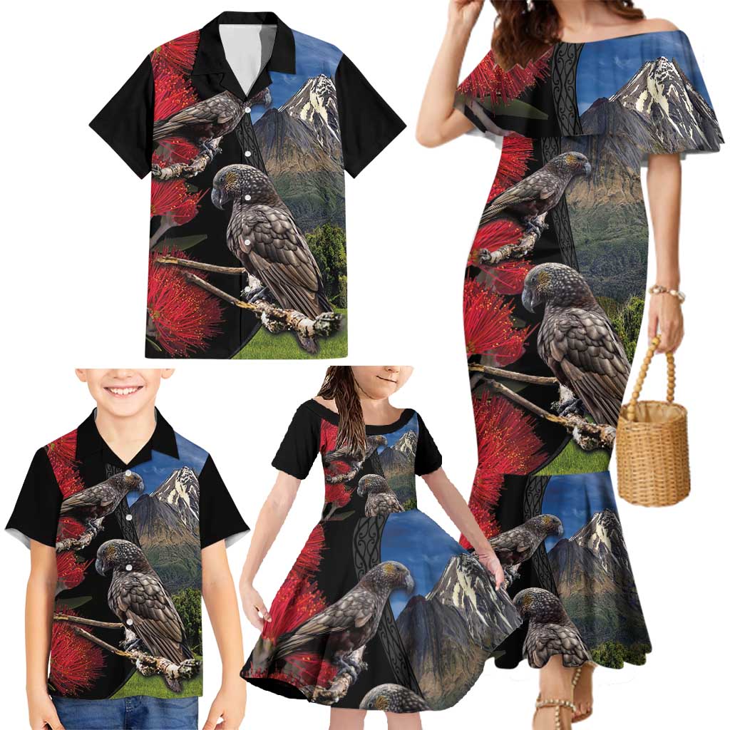 New Zealand Kea And Pohutukawa Family Matching Mermaid Dress and Hawaiian Shirt With The Mountain Landscape