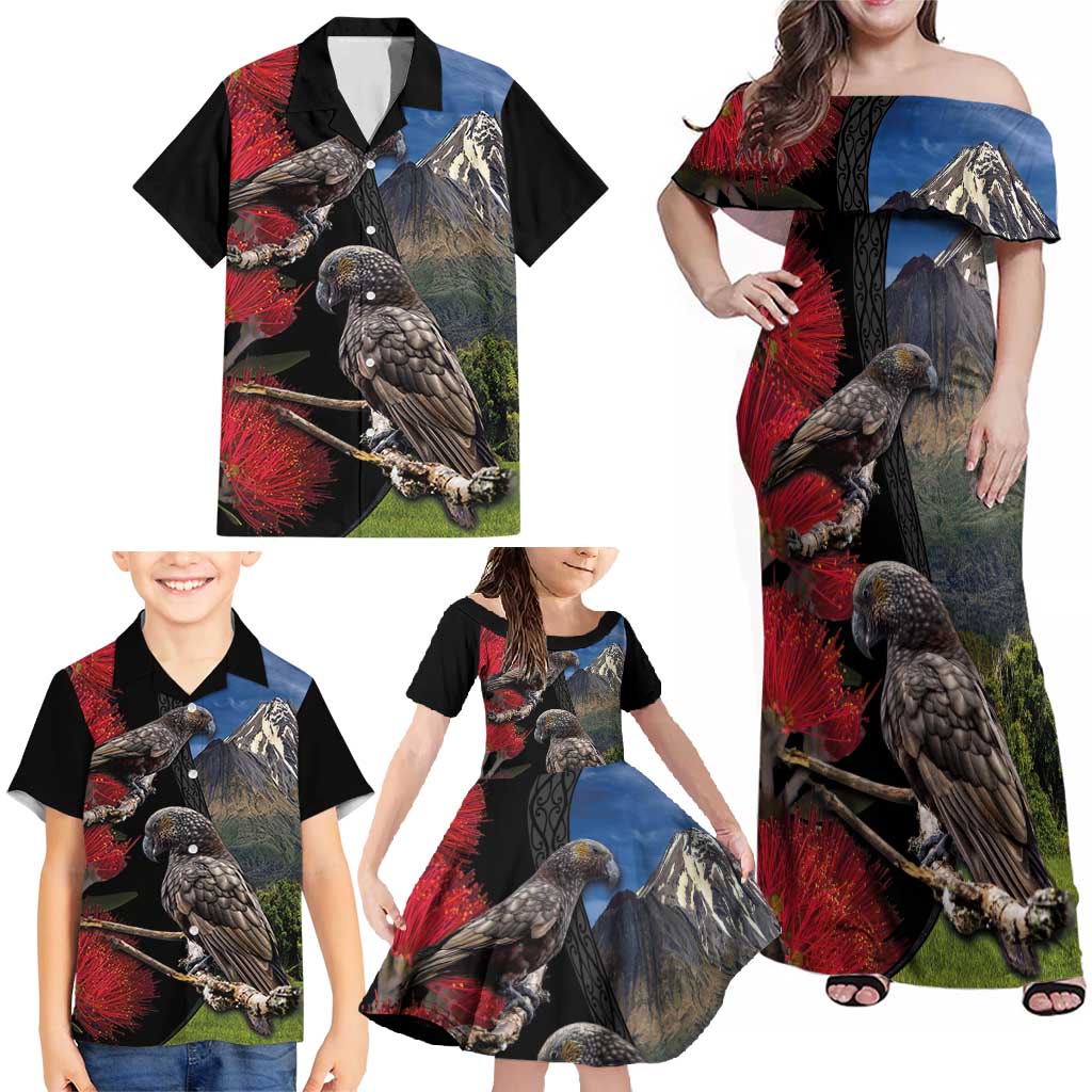 New Zealand Kea And Pohutukawa Family Matching Off Shoulder Maxi Dress and Hawaiian Shirt With The Mountain Landscape