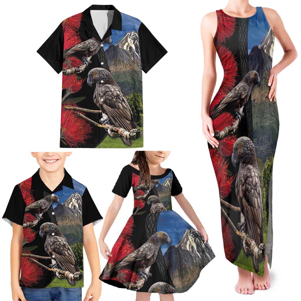 New Zealand Kea And Pohutukawa Family Matching Tank Maxi Dress and Hawaiian Shirt With The Mountain Landscape