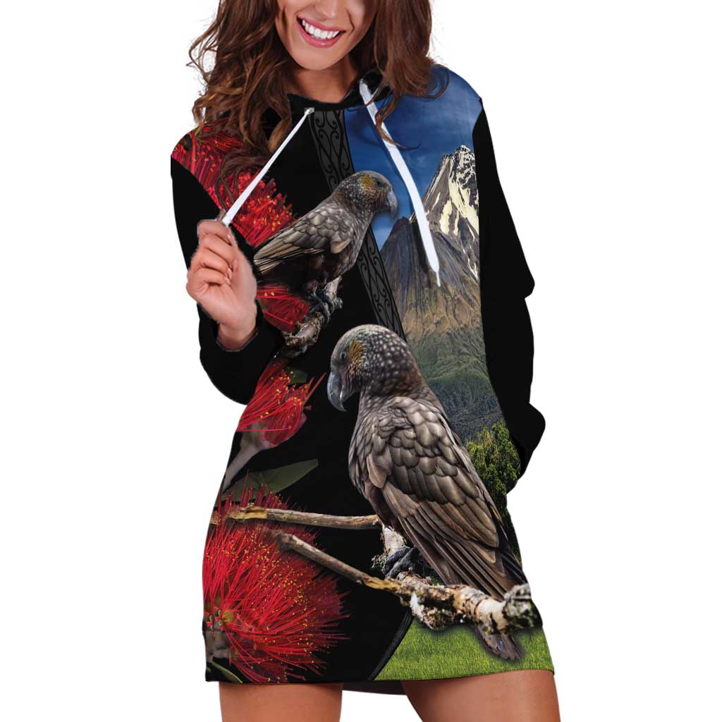 New Zealand Kea And Pohutukawa Hoodie Dress With The Mountain Landscape LT03 Black - Polynesian Pride