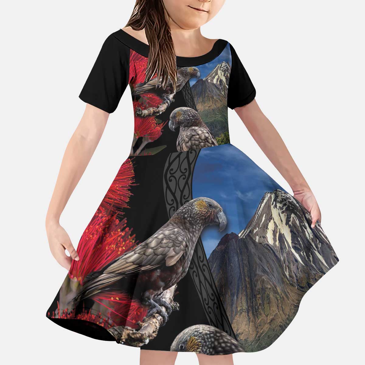 New Zealand Kea And Pohutukawa Kid Short Sleeve Dress With The Mountain Landscape