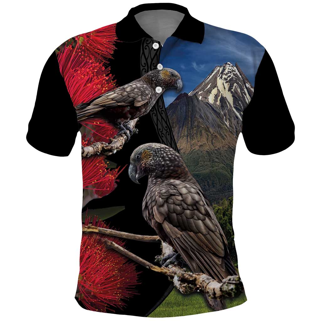 New Zealand Kea And Pohutukawa Polo Shirt With The Mountain Landscape