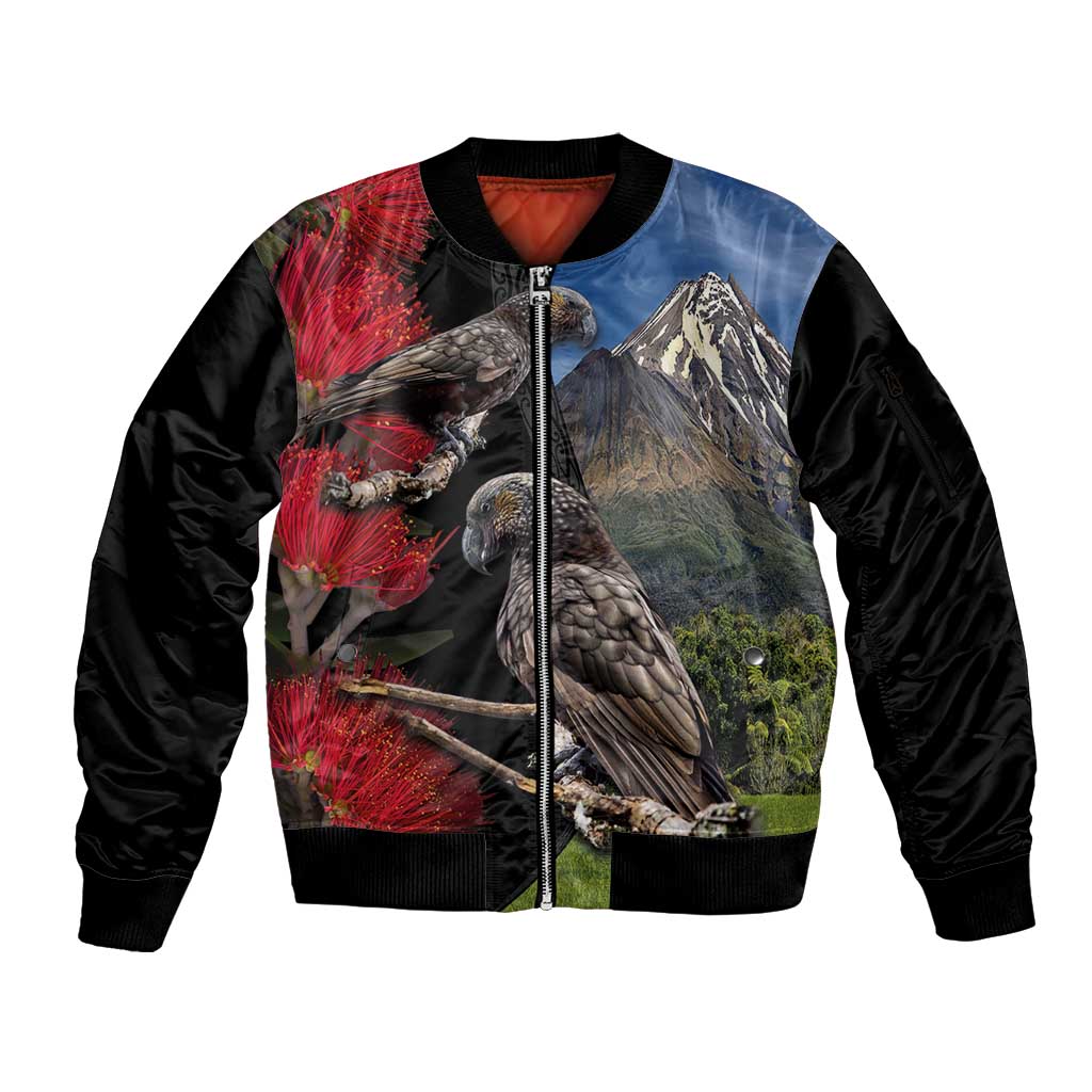 New Zealand Kea And Pohutukawa Sleeve Zip Bomber Jacket With The Mountain Landscape LT03 Unisex Black - Polynesian Pride