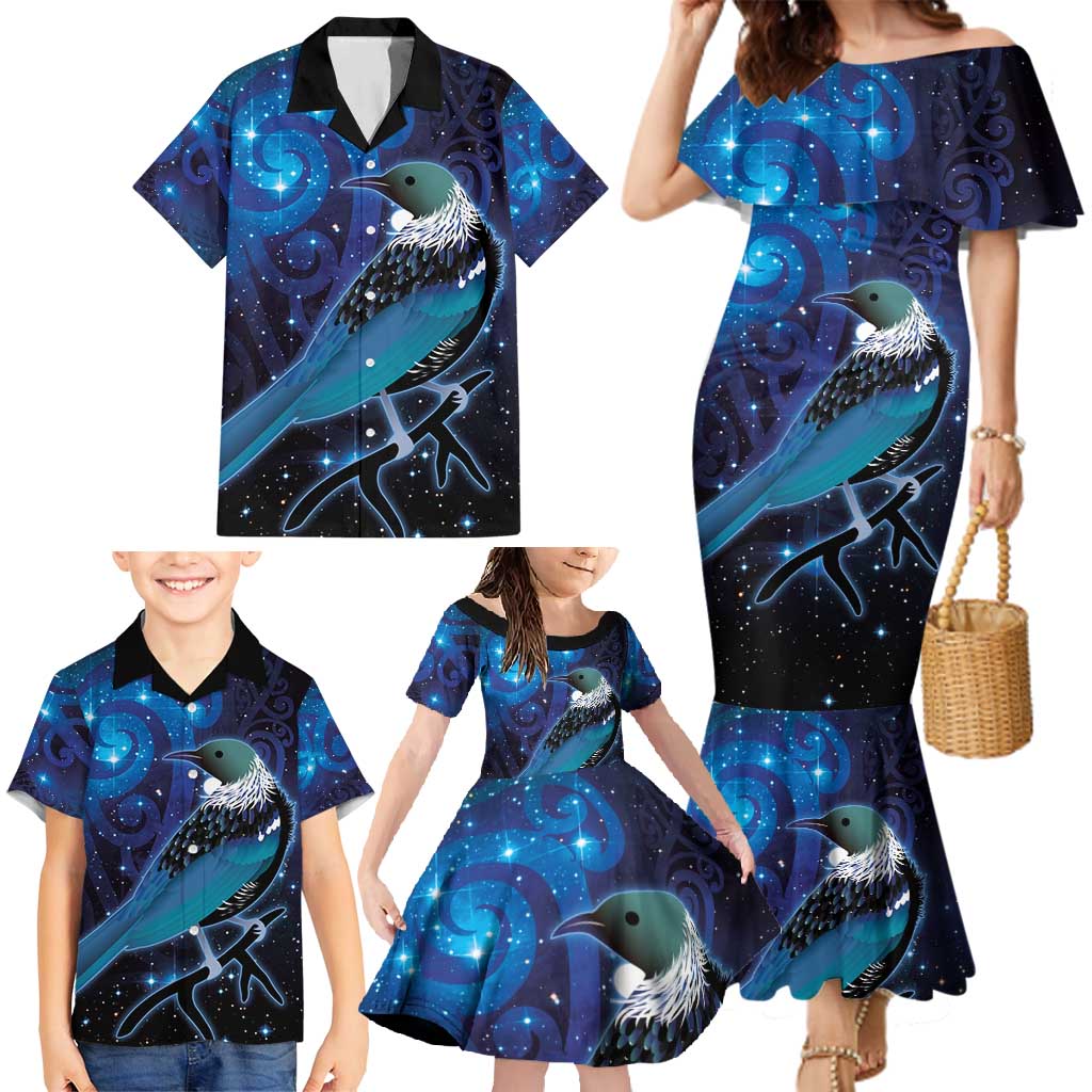 New Zealand Tui Bird Family Matching Mermaid Dress and Hawaiian Shirt The Pleiades Star Cluster and Koru Tribal Tattoo Galaxy Vibe