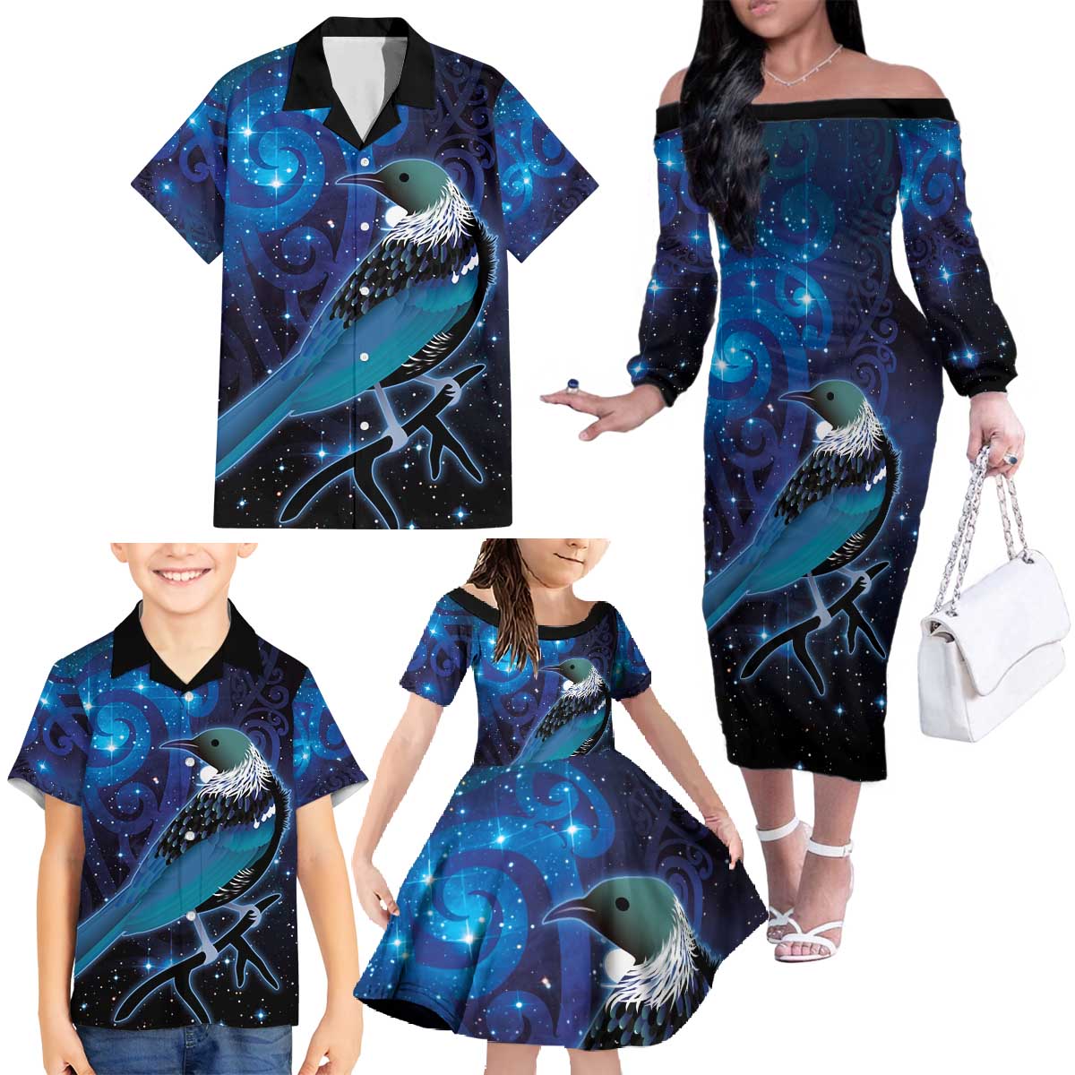 New Zealand Tui Bird Family Matching Off The Shoulder Long Sleeve Dress and Hawaiian Shirt The Pleiades Star Cluster and Koru Tribal Tattoo Galaxy Vibe