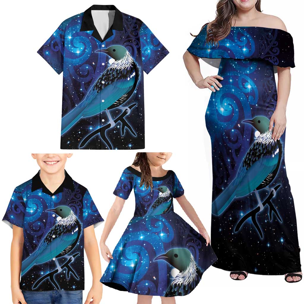 New Zealand Tui Bird Family Matching Off Shoulder Maxi Dress and Hawaiian Shirt The Pleiades Star Cluster and Koru Tribal Tattoo Galaxy Vibe