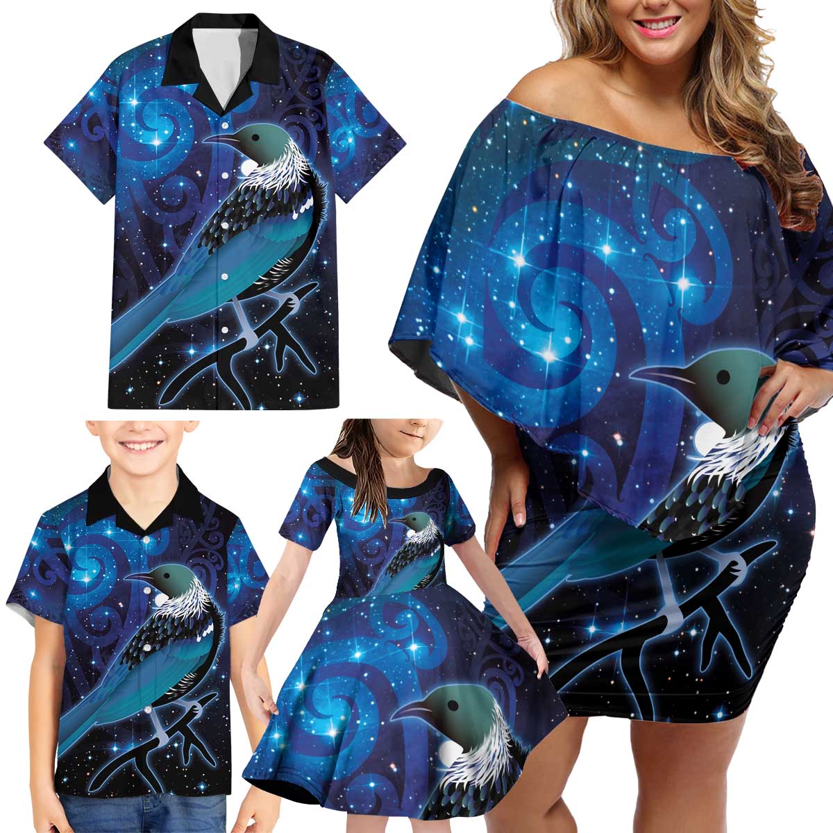 New Zealand Tui Bird Family Matching Off Shoulder Short Dress and Hawaiian Shirt The Pleiades Star Cluster and Koru Tribal Tattoo Galaxy Vibe