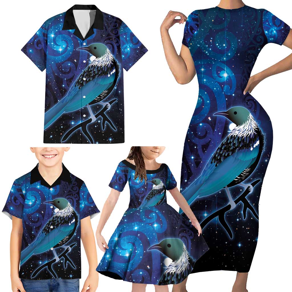 New Zealand Tui Bird Family Matching Short Sleeve Bodycon Dress and Hawaiian Shirt The Pleiades Star Cluster and Koru Tribal Tattoo Galaxy Vibe