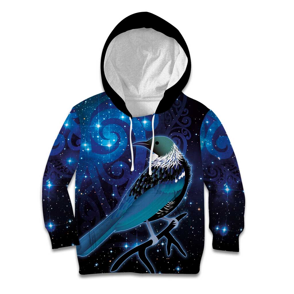 New Zealand Tui Bird Kid Hoodie The Pleiades Star Cluster and Koru Tribal Tattoo Galaxy Vibe