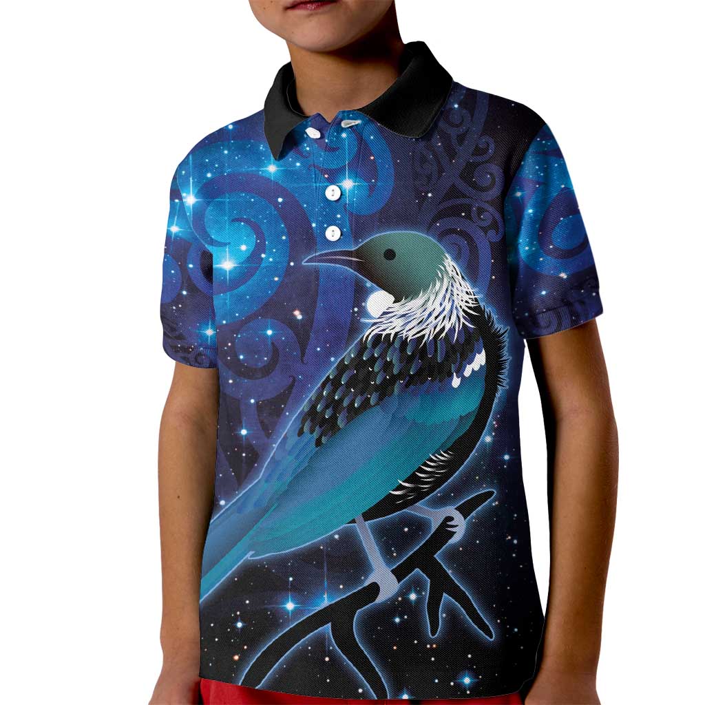 New Zealand Tui Bird Kid Polo Shirt The Pleiades Star Cluster and Koru Tribal Tattoo Galaxy Vibe