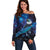 New Zealand Tui Bird Off Shoulder Sweater The Pleiades Star Cluster and Koru Tribal Tattoo Galaxy Vibe