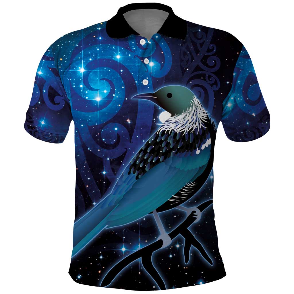 New Zealand Tui Bird Polo Shirt The Pleiades Star Cluster and Koru Tribal Tattoo Galaxy Vibe