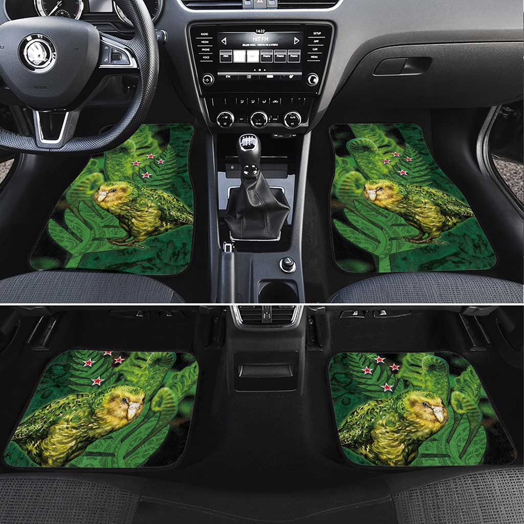 New Zealand Kākāpō Car Mats Silver Fern with Close up of Green Fern Leaves and Maori Tattoo