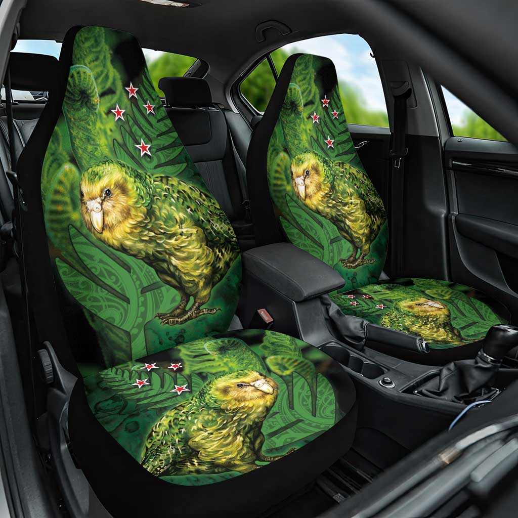 New Zealand Kākāpō Car Seat Cover Silver Fern with Close up of Green Fern Leaves and Maori Tattoo