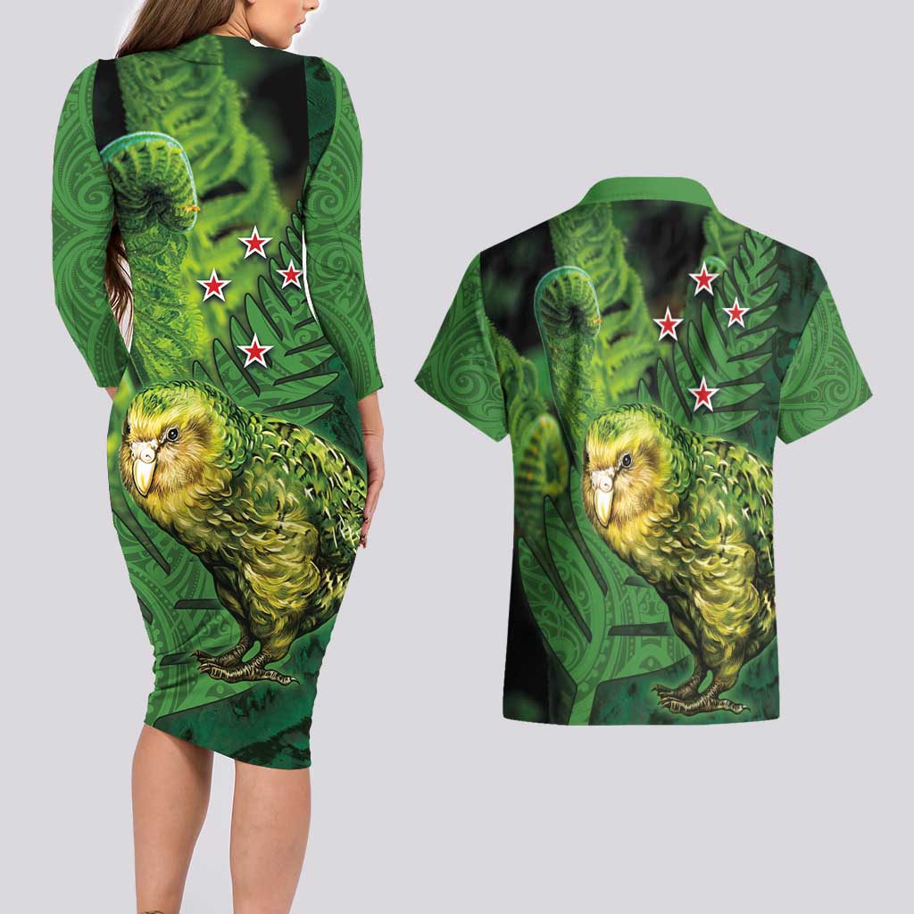 New Zealand Kākāpō Couples Matching Long Sleeve Bodycon Dress and Hawaiian Shirt Silver Fern with Close up of Green Fern Leaves and Maori Tattoo