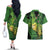 New Zealand Kākāpō Couples Matching Off The Shoulder Long Sleeve Dress and Hawaiian Shirt Silver Fern with Close up of Green Fern Leaves and Maori Tattoo