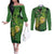 New Zealand Kākāpō Couples Matching Off The Shoulder Long Sleeve Dress and Long Sleeve Button Shirt Silver Fern with Close up of Green Fern Leaves and Maori Tattoo