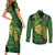 New Zealand Kākāpō Couples Matching Short Sleeve Bodycon Dress and Long Sleeve Button Shirt Silver Fern with Close up of Green Fern Leaves and Maori Tattoo