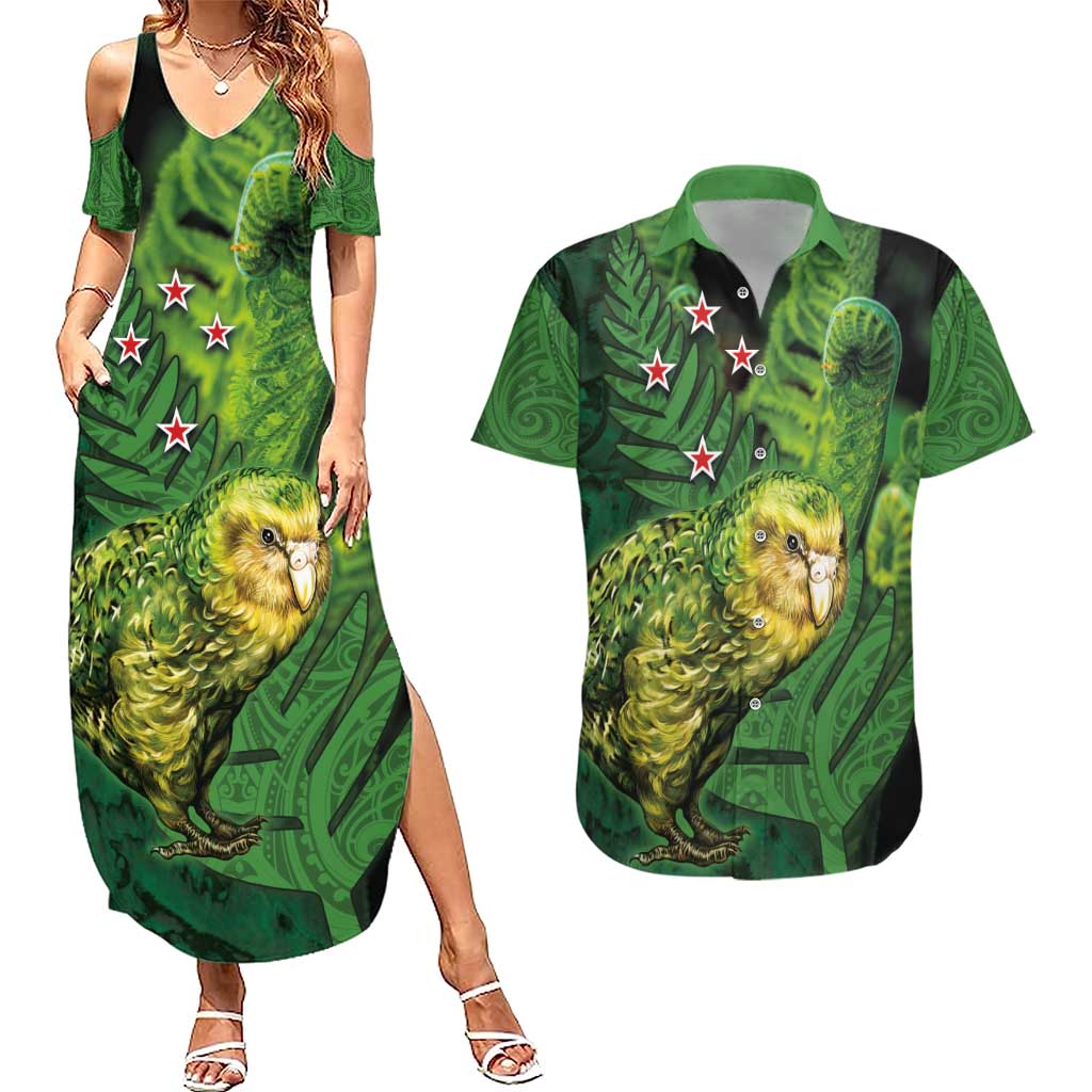 New Zealand Kākāpō Couples Matching Summer Maxi Dress and Hawaiian Shirt Silver Fern with Close up of Green Fern Leaves and Maori Tattoo