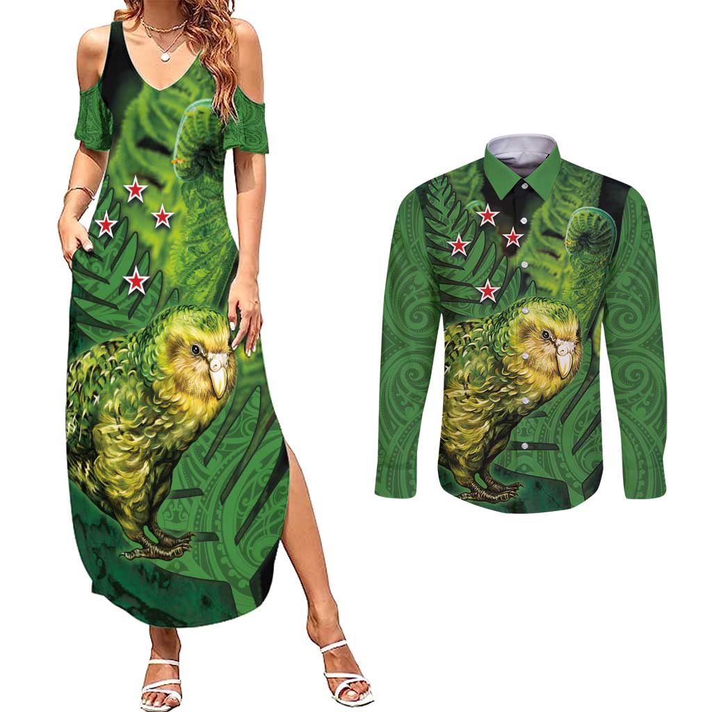 New Zealand Kākāpō Couples Matching Summer Maxi Dress and Long Sleeve Button Shirt Silver Fern with Close up of Green Fern Leaves and Maori Tattoo