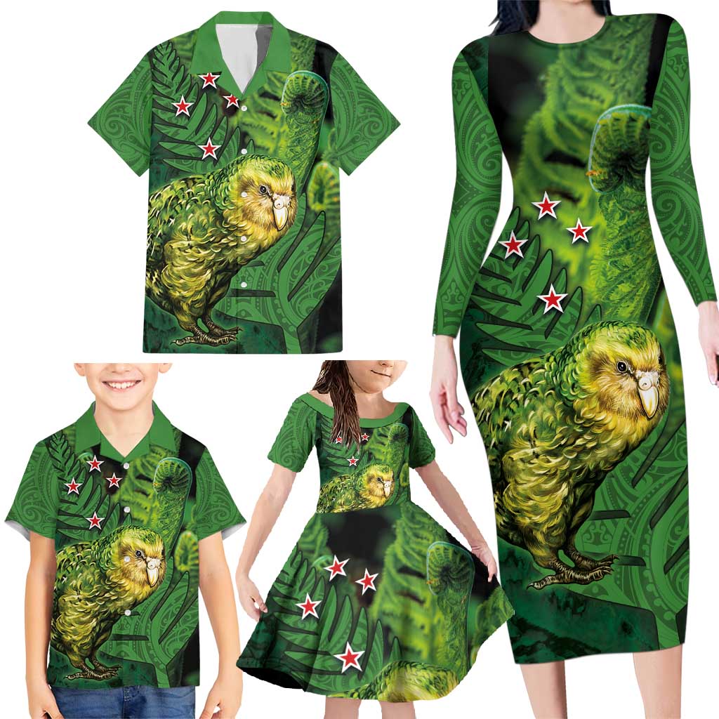 New Zealand Kākāpō Family Matching Long Sleeve Bodycon Dress and Hawaiian Shirt Silver Fern with Close up of Green Fern Leaves and Maori Tattoo