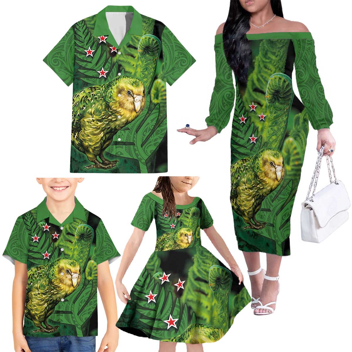 New Zealand Kākāpō Family Matching Off The Shoulder Long Sleeve Dress and Hawaiian Shirt Silver Fern with Close up of Green Fern Leaves and Maori Tattoo