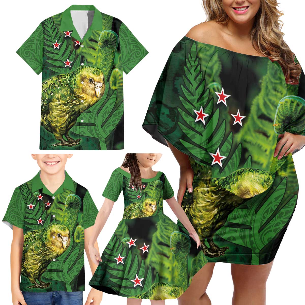 New Zealand Kākāpō Family Matching Off Shoulder Short Dress and Hawaiian Shirt Silver Fern with Close up of Green Fern Leaves and Maori Tattoo