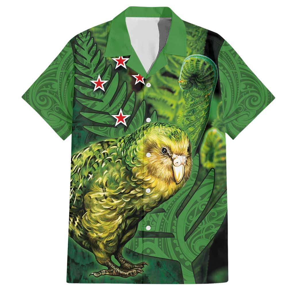 New Zealand Kākāpō Hawaiian Shirt Silver Fern with Close up of Green Fern Leaves and Maori Tattoo