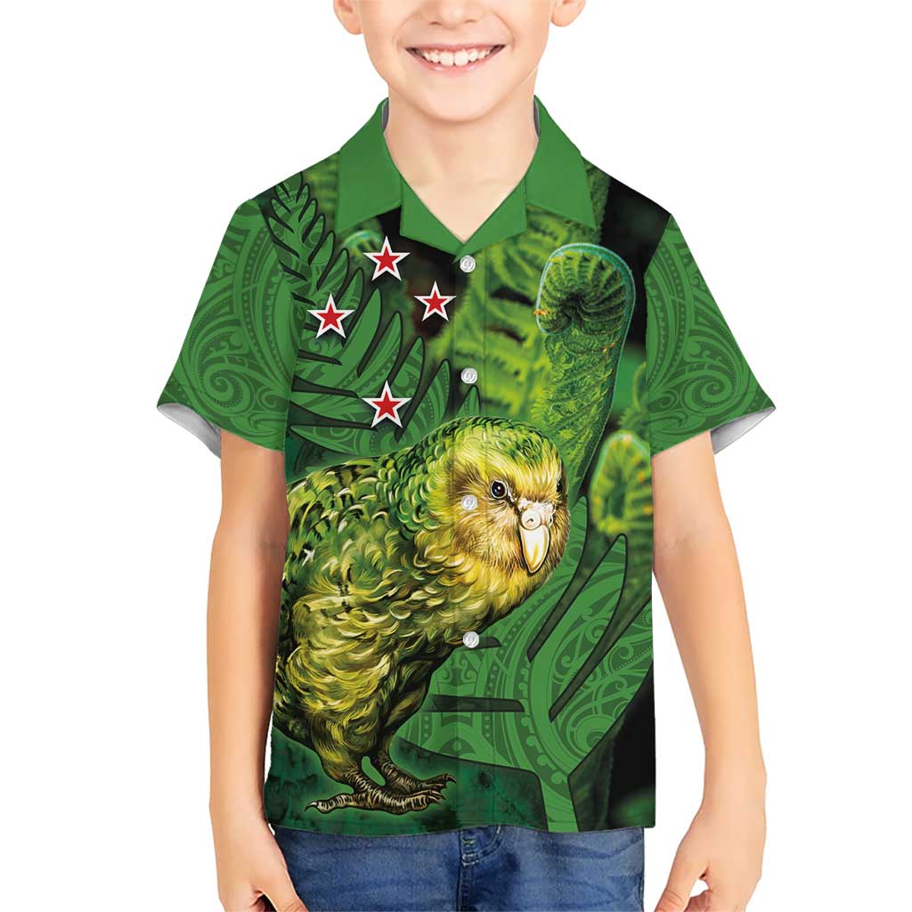 New Zealand Kākāpō Kid Hawaiian Shirt Silver Fern with Close up of Green Fern Leaves and Maori Tattoo