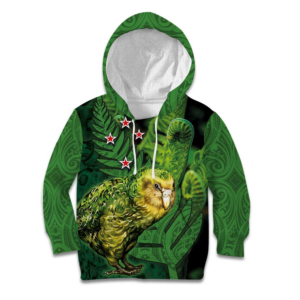 New Zealand Kākāpō Kid Hoodie Silver Fern with Close up of Green Fern Leaves and Maori Tattoo