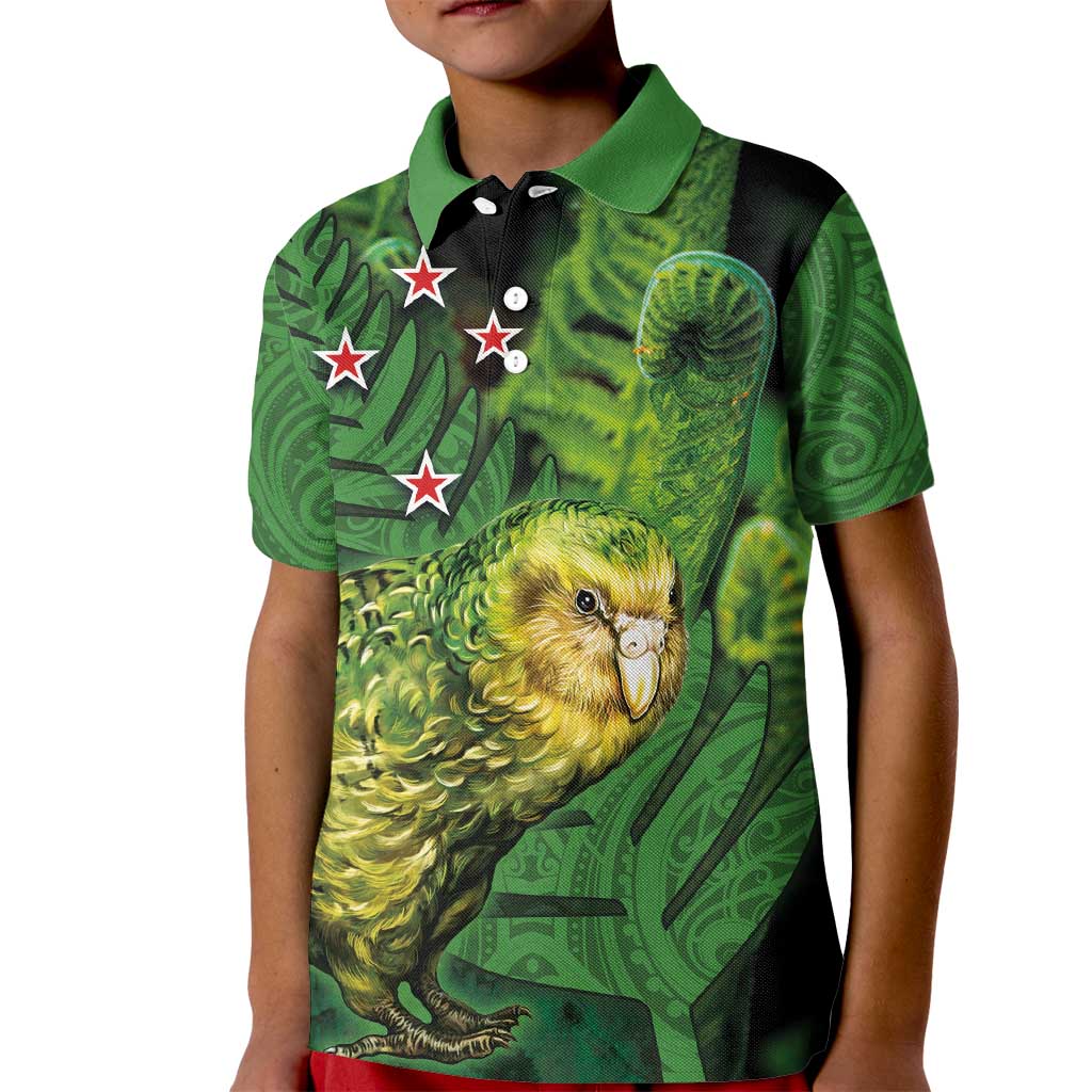 New Zealand Kākāpō Kid Polo Shirt Silver Fern with Close up of Green Fern Leaves and Maori Tattoo