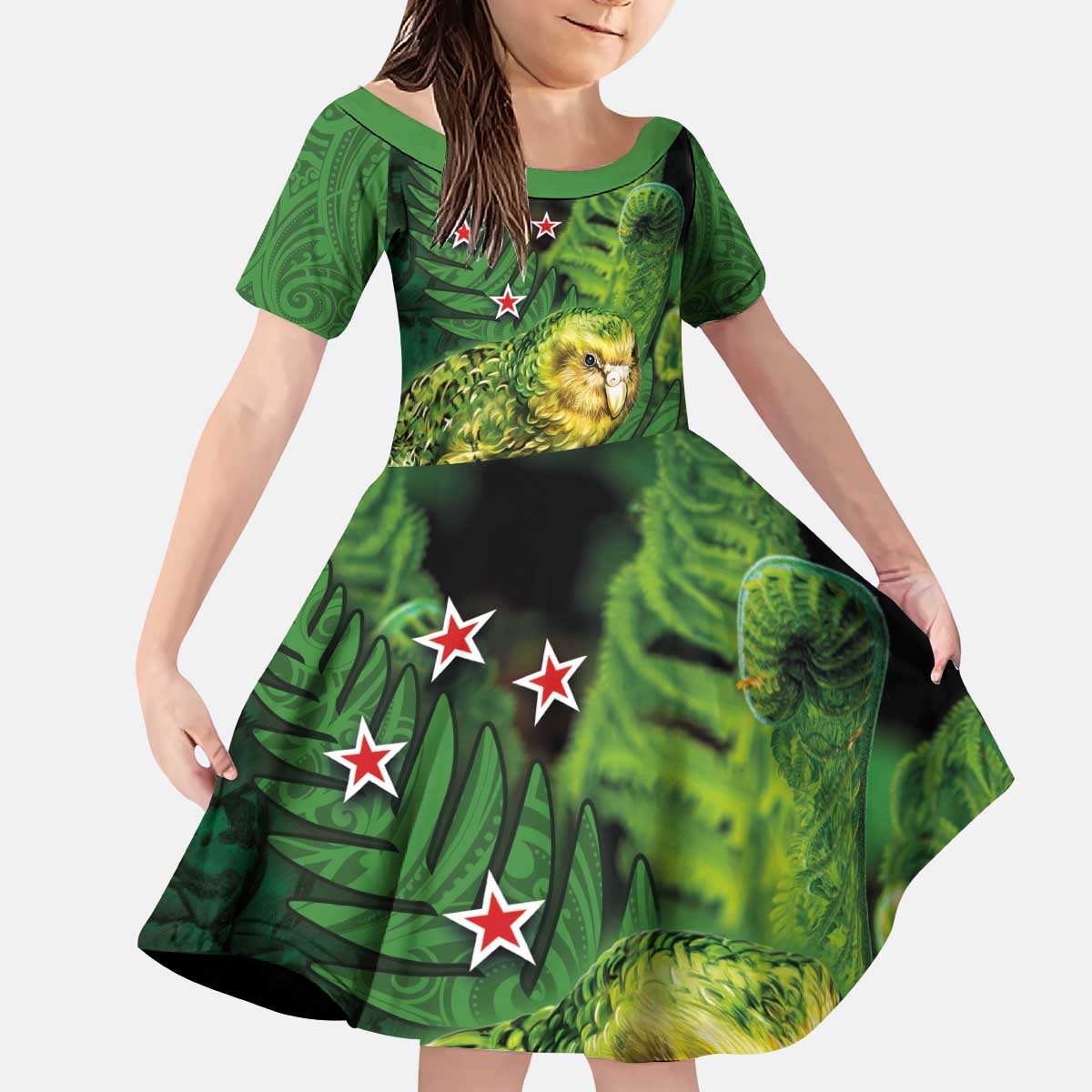 New Zealand Kākāpō Kid Short Sleeve Dress Silver Fern with Close up of Green Fern Leaves and Maori Tattoo