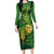 New Zealand Kākāpō Long Sleeve Bodycon Dress Silver Fern with Close up of Green Fern Leaves and Maori Tattoo