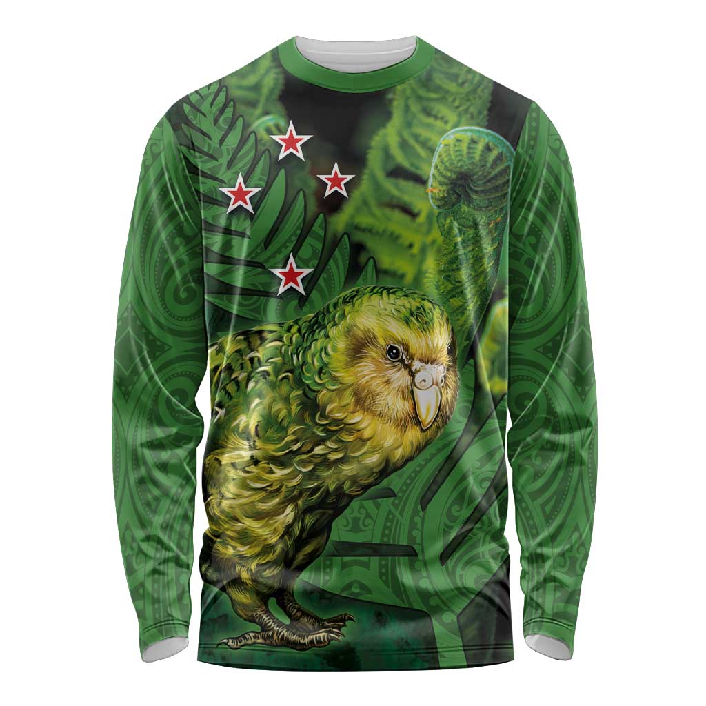 New Zealand Kākāpō Long Sleeve Shirt Silver Fern with Close up of Green Fern Leaves and Maori Tattoo