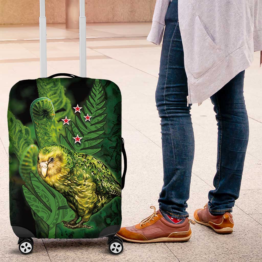 New Zealand Kākāpō Luggage Cover Silver Fern with Close up of Green Fern Leaves and Maori Tattoo