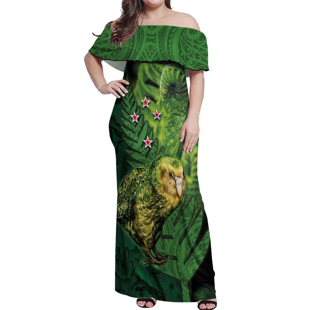 New Zealand Kākāpō Off Shoulder Maxi Dress Silver Fern with Close up of Green Fern Leaves and Maori Tattoo