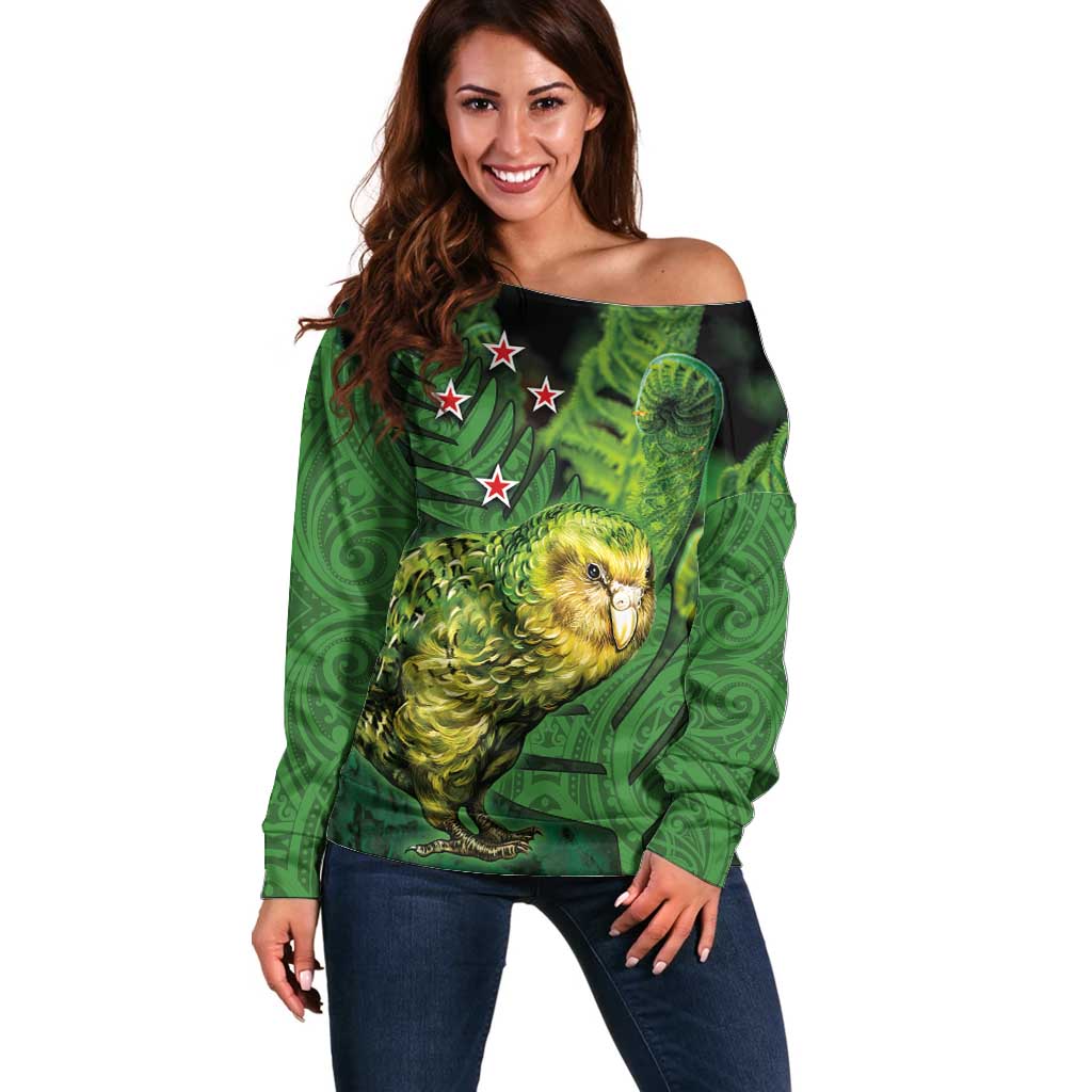 New Zealand Kkp Off Shoulder Sweater Silver Fern with Close up of Green Fern Leaves and Maori Tattoo LT03 Women Green - Polynesian Pride