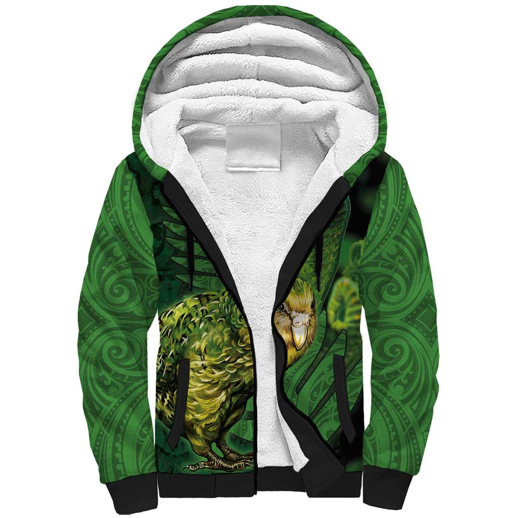 New Zealand Kākāpō Sherpa Hoodie Silver Fern with Close up of Green Fern Leaves and Maori Tattoo