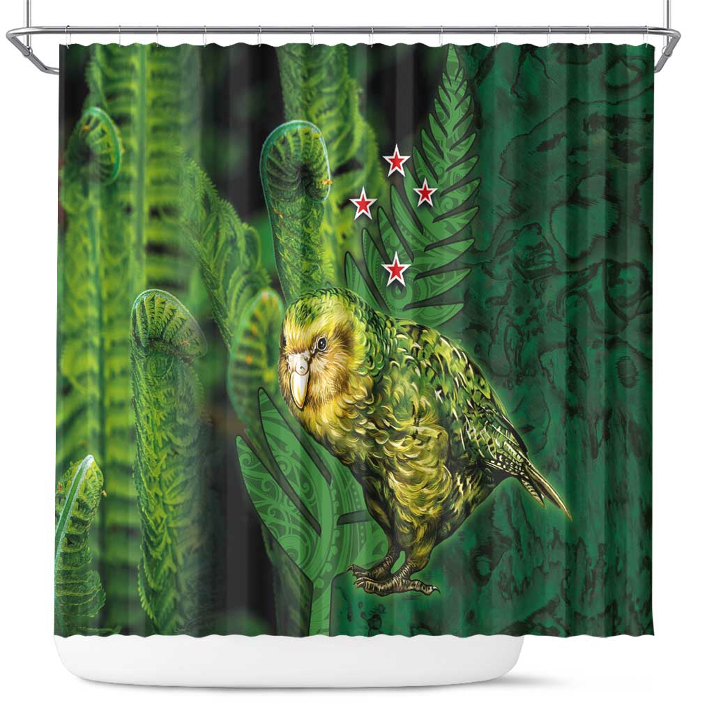 New Zealand Kākāpō Shower Curtain Silver Fern with Close up of Green Fern Leaves and Maori Tattoo