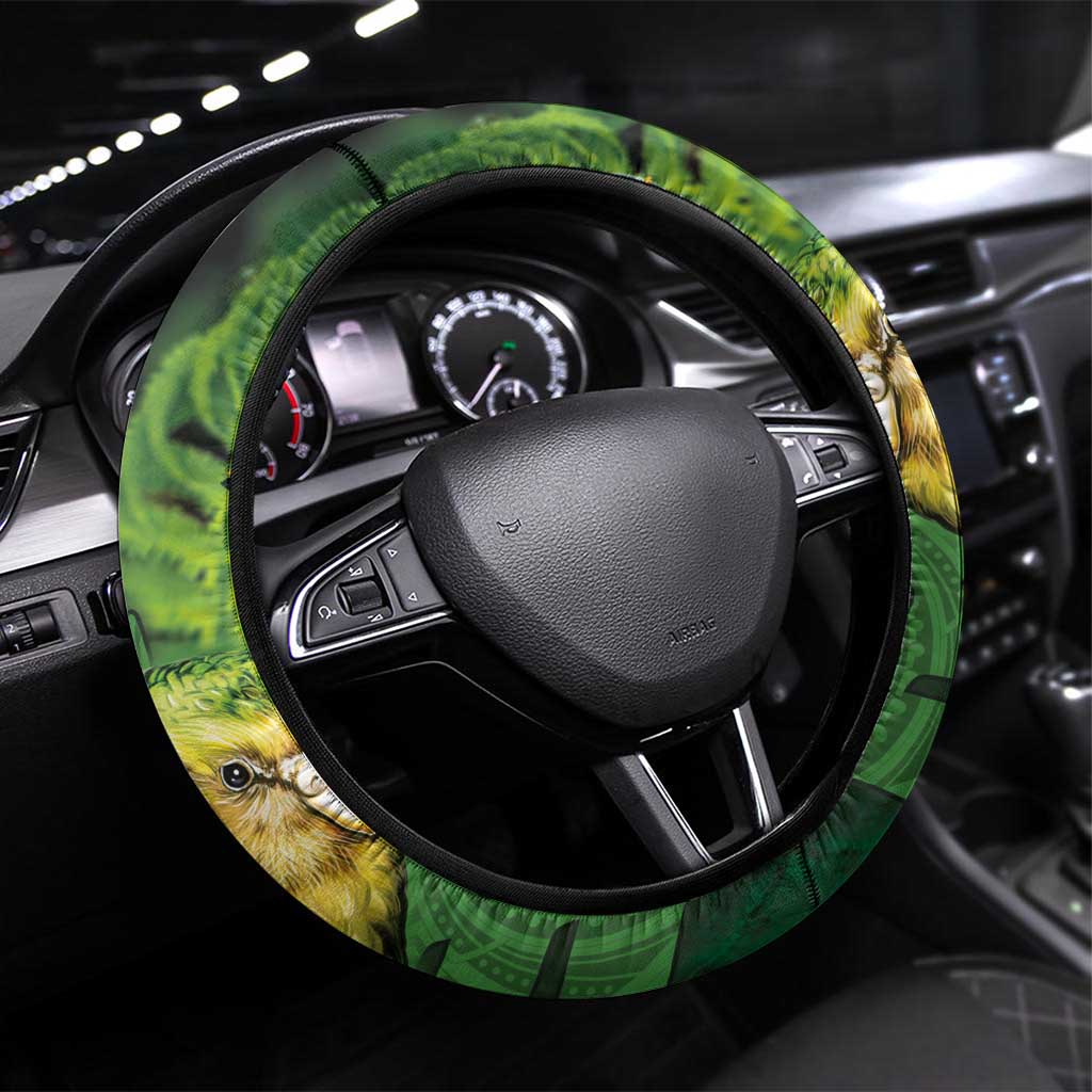 New Zealand Kākāpō Steering Wheel Cover Silver Fern with Close up of Green Fern Leaves and Maori Tattoo