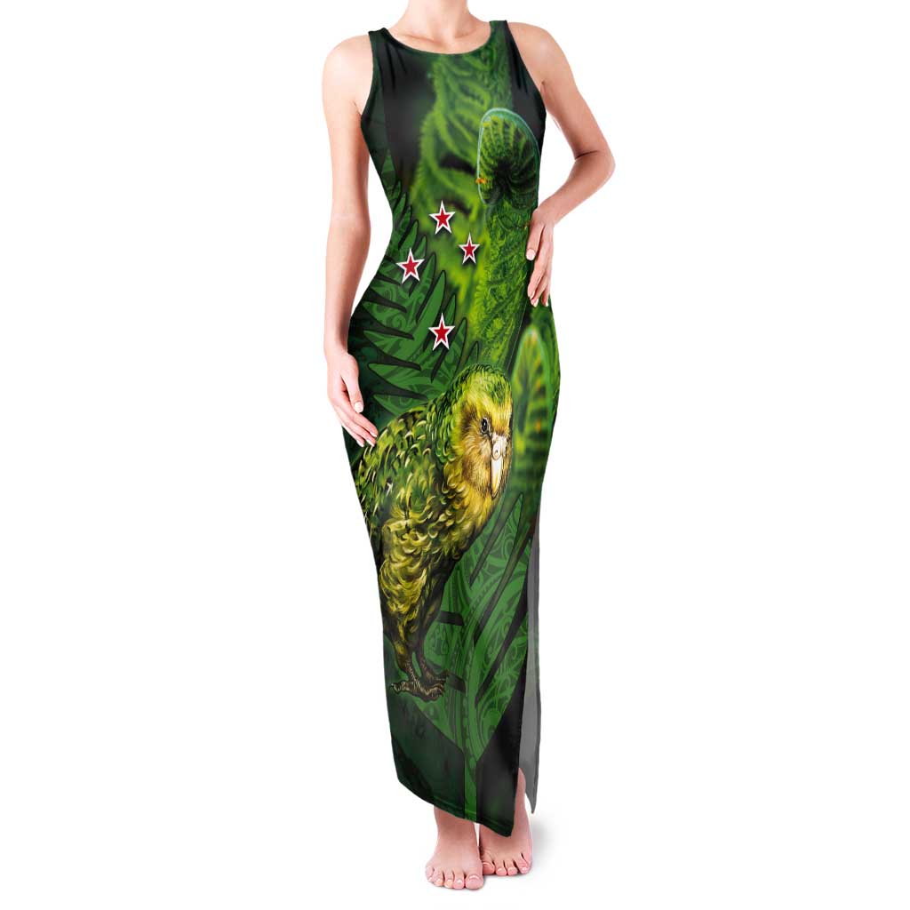 New Zealand Kākāpō Tank Maxi Dress Silver Fern with Close up of Green Fern Leaves and Maori Tattoo