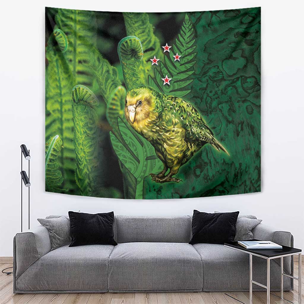 New Zealand Kākāpō Tapestry Silver Fern with Close up of Green Fern Leaves and Maori Tattoo