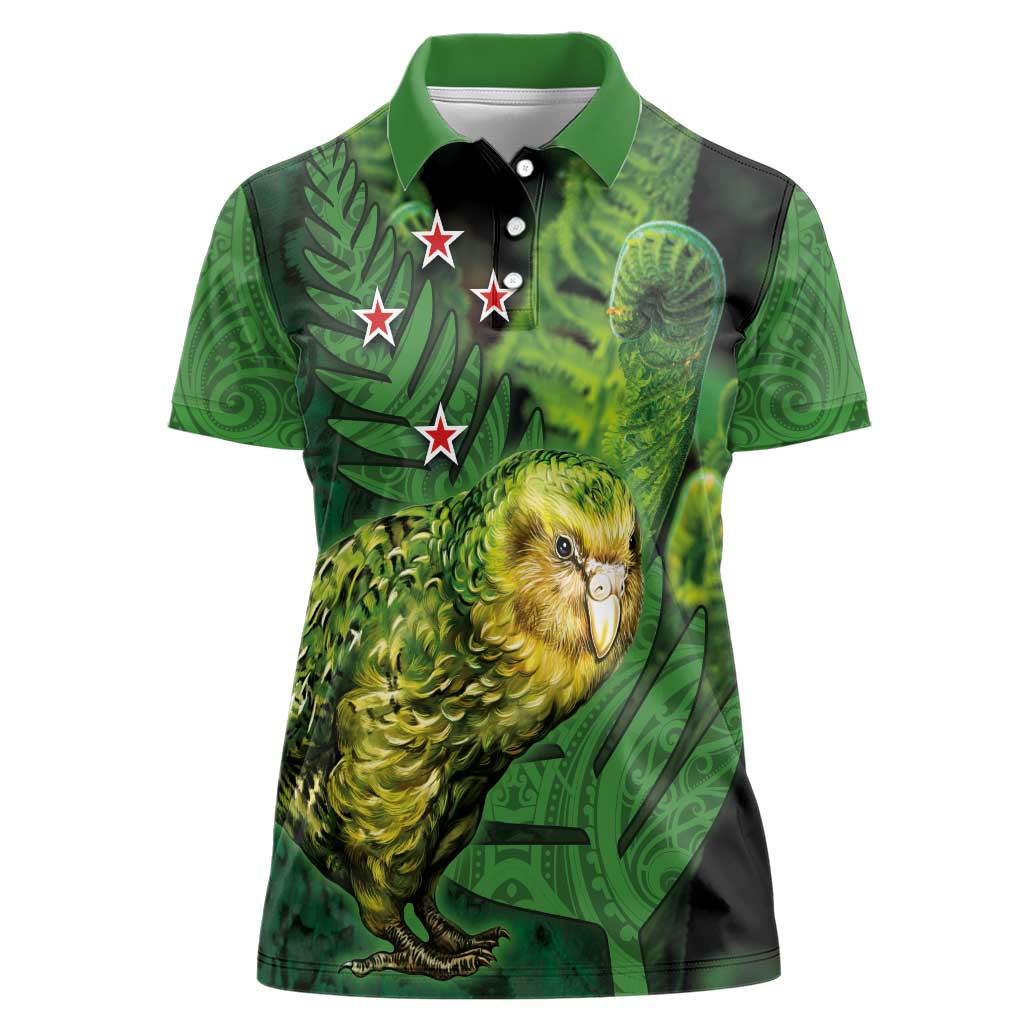 New Zealand Kākāpō Women Polo Shirt Silver Fern with Close up of Green Fern Leaves and Maori Tattoo