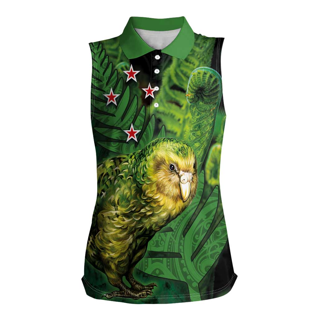 New Zealand Kākāpō Women Sleeveless Polo Shirt Silver Fern with Close up of Green Fern Leaves and Maori Tattoo