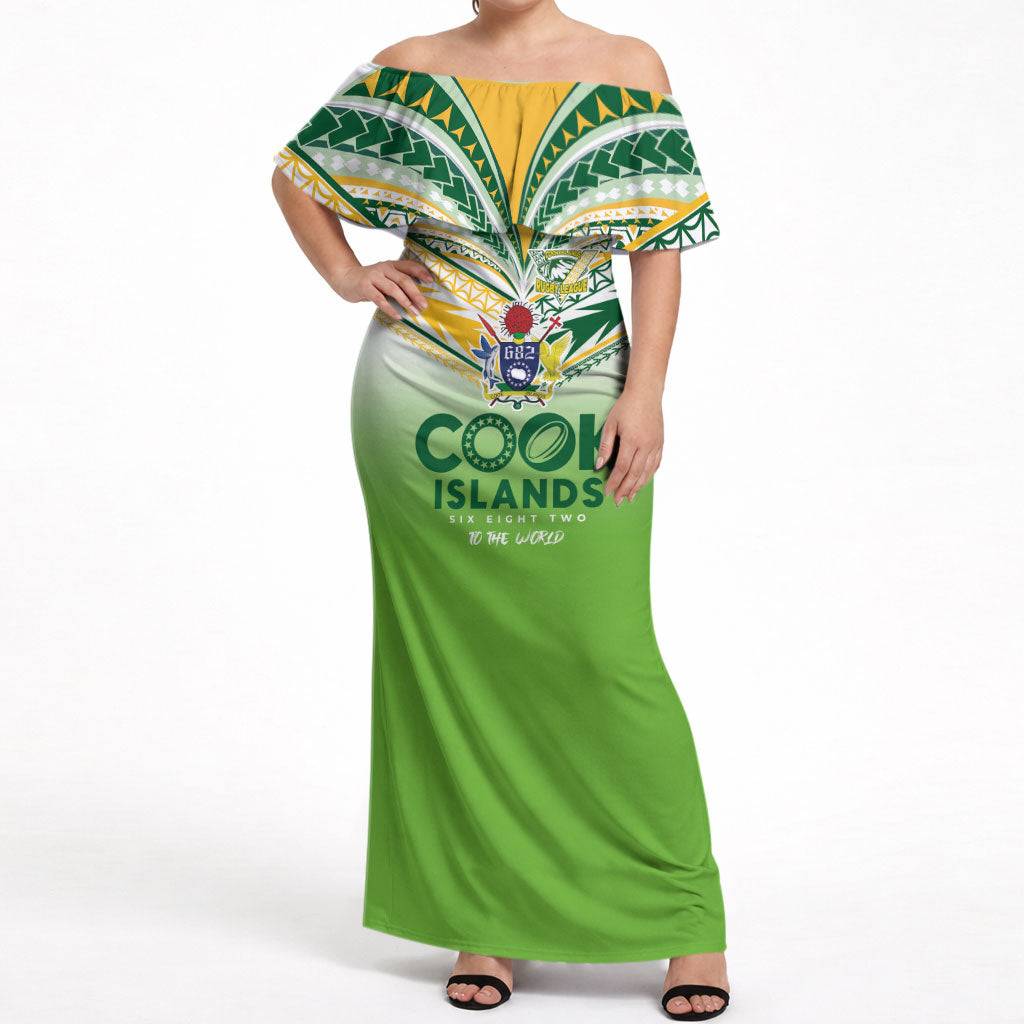 Cook Islands Rugby Off Shoulder Maxi Dress Six Eight Two to The World - Tatau Tribal Motif