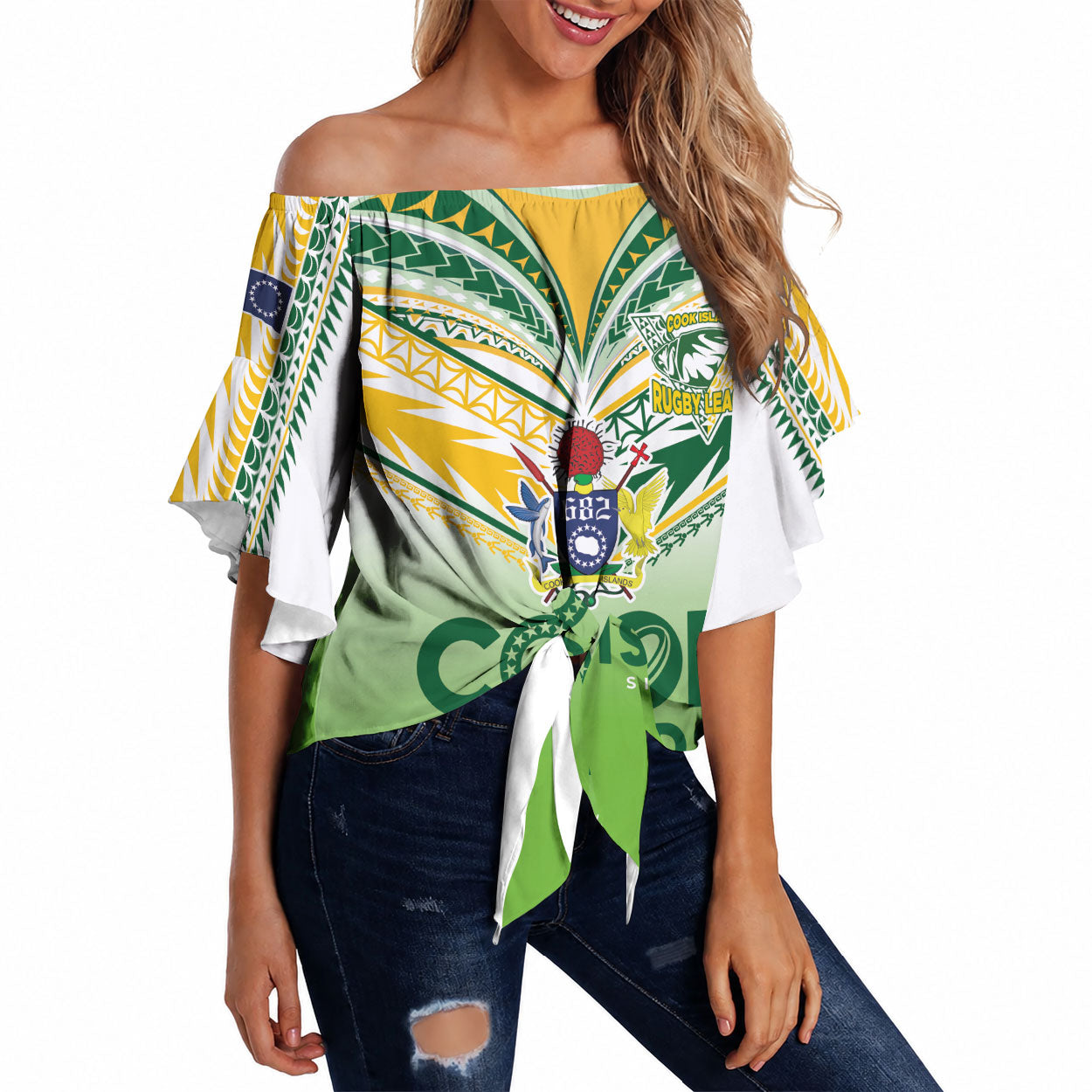Cook Islands Rugby Off Shoulder Wrap Waist Top Six Eight Two to The World - Tatau Tribal Motif